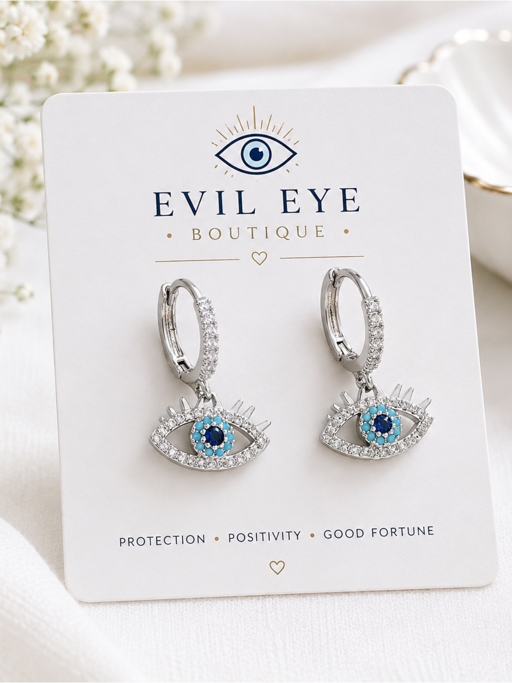 🧿Silver Hoop Earrings with Blue and Turquoise Eye Charms